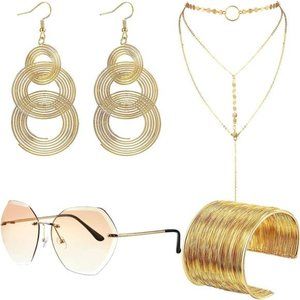 70s DiscoSet Rimless Diamond Cutting Sunglasses WireMetal Coil Bracelets Layered